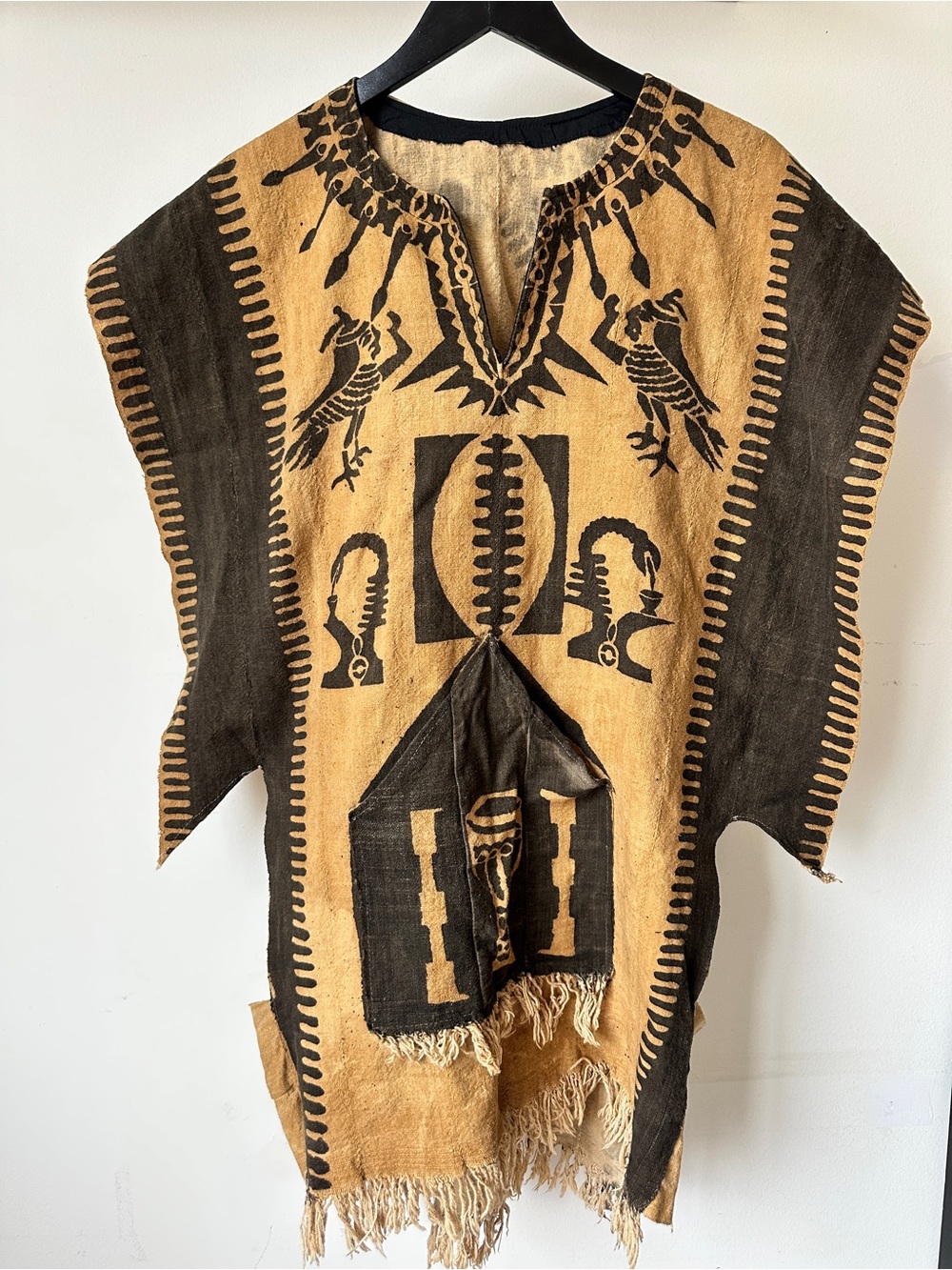 Handwoven Tribal Poncho in Tan and Black